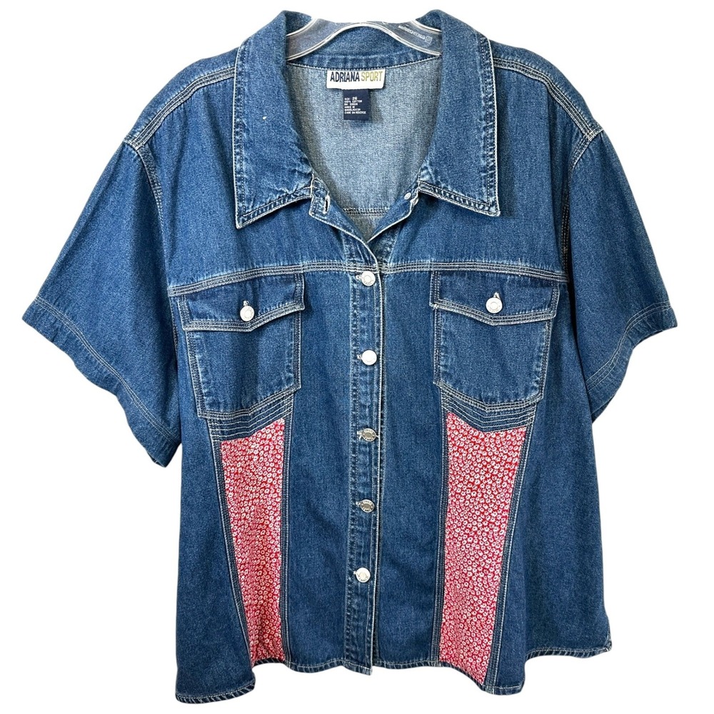 VTG Adriana Plus Size 26 Denim Top Y2K Button Red Floral Patchwork Western 551
